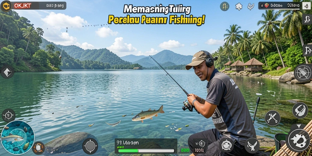 Tampilan gameplay OKJKT dengan aksi memancing yang mendebarkan.