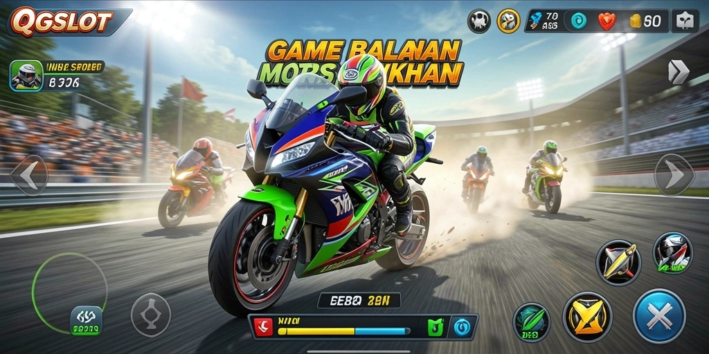 Gameplay seru di QQSLOT yang menampilkan balapan motor menegangkan.
